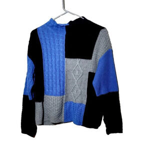 Tribal Sweater PM Patchwork Pattern Blue Gray Stretch Eclectic Boho Chunky Knit